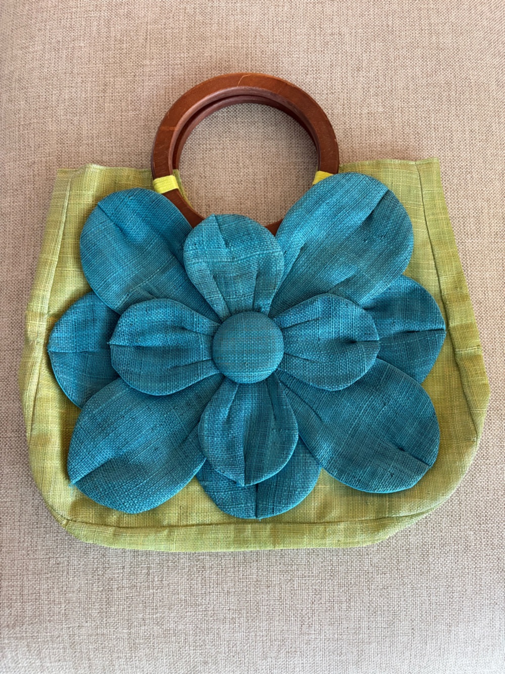 Raffia Straw Handbag 15” Green Blue Floral Applique Wood Handle Statement Bag